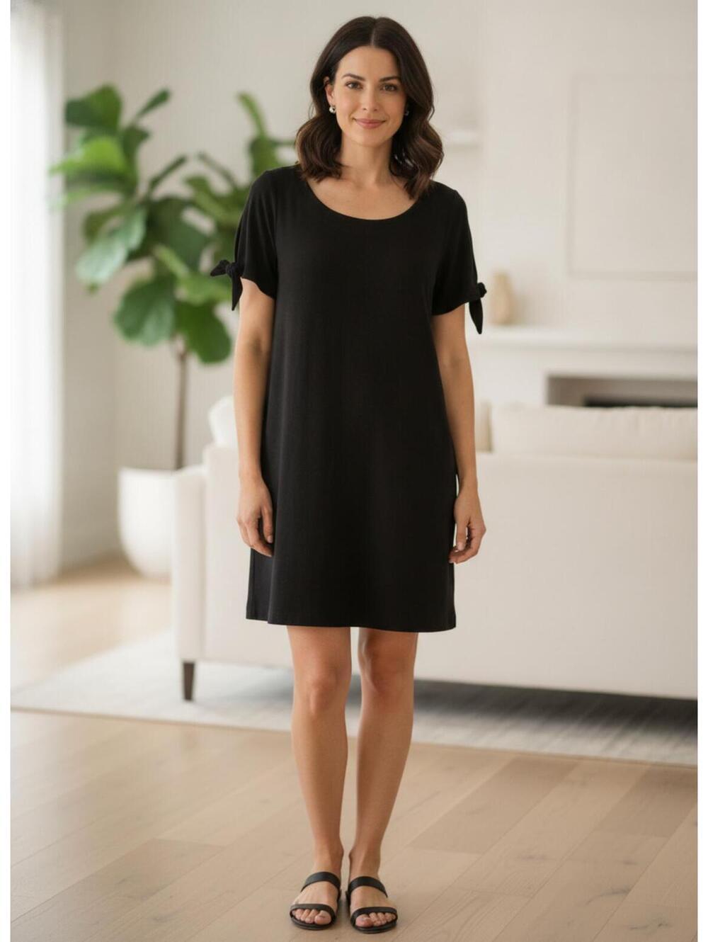 Talbots Casual Black T-Shirt Dress with Tied Sleeves XP